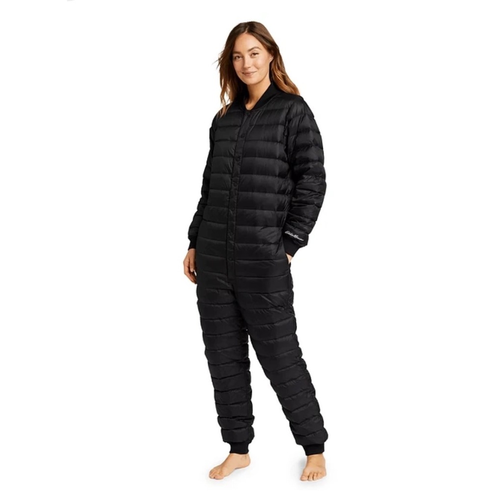 Eddie Bauer 650 Down Camp Suit Womens XL Black Recycled Nylon Quilted Snap Front